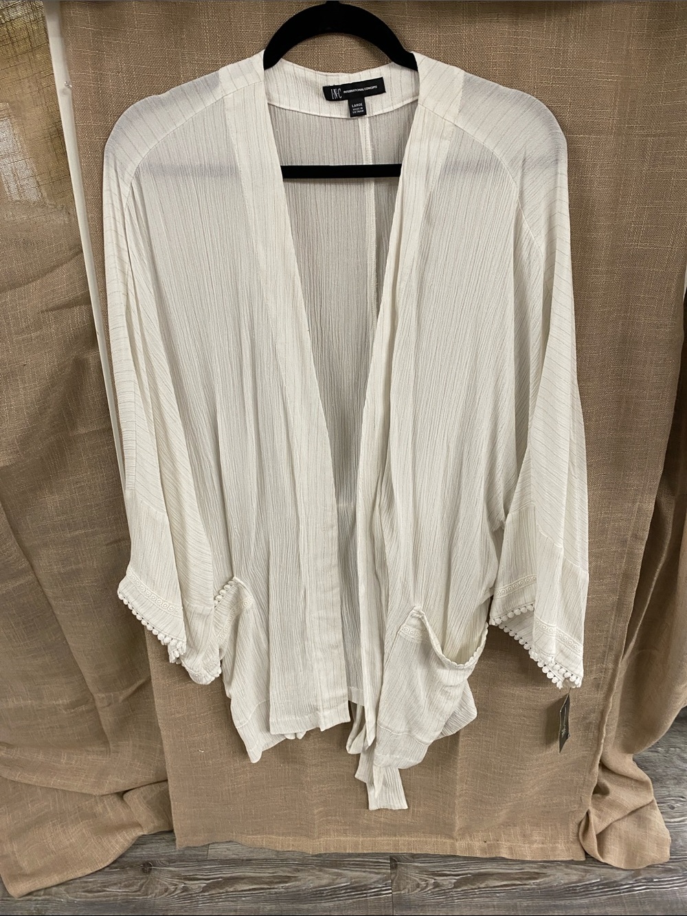 INC International Concepts Ivory Open-Front Kimono with Tassel Detail